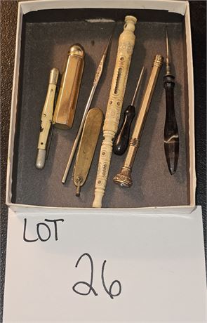 Antique Hand Carved Dip Pen , Perfume Bottle, Victorian Awls & More