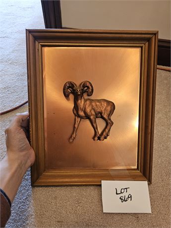 Copper Bighorn Sheep Metal Plate Art Sculpture with Wood Frame