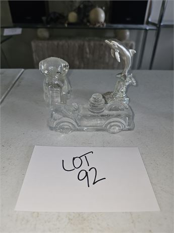 Pewter Dolphin Sculpture, Federal Glass "Mopey" Dog Paperweight &Glass Firetruck