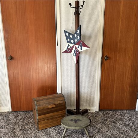 Rustic Decor with Coat Rack, Wooden Chest and Stool