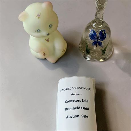Fenton Art Glass White Satin Bear, Fenton Glass Bell W/Hand-Painted Butterfly