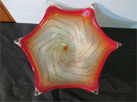 Vintage Murano Hand Blown Crafted 11"  6 Point art Glass Bowl