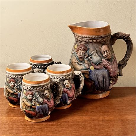 Vintage KIW Ceramic Bavarian Beer Pitcher and Mugs Set