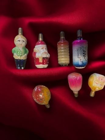 1920s Hand Painted Milk Glass Figural Santa & Other Christmas Light Bulbs
