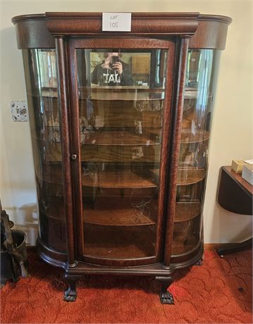Antique Wood Bow Front Quarter Saw Oak China Cabinet