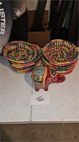 Hand Painted Elephant Bank & Handwoven Star Straw Basket & Bowls