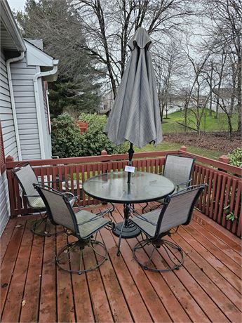 Mesh & Metal Patio Set - 3 Chairs / Table & Umbrella