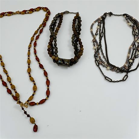 Amber Color/Brown Beaded Lariat Necklace, Multi Strand Chain/Bead Necklace