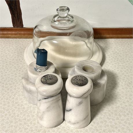 Solid Marble Decorative Table Set w/ Cheese Dome, Candle Holders, S&P Set
