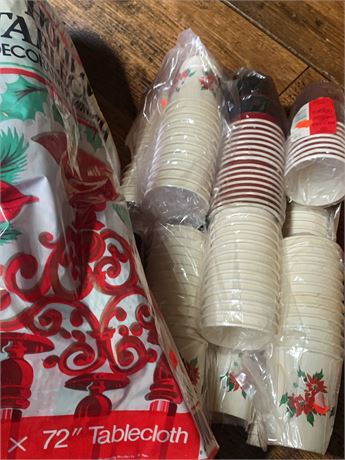 Christmas Lot - Poinsettia Themed Paper Cups, Flat Gift Wrap Paper Sets & More