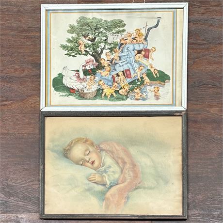 Antique Baby/Infant Portrait and Vintage Mother Goose Lithograph - 17 x 12.75