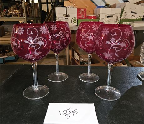 Lenox Red Etched Stemmed Wine Glasses Set Of 4