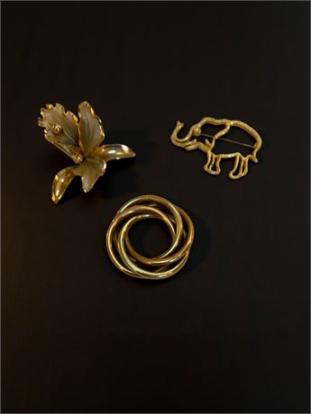 Orchid Flower Brooch, Freides Gold Outline Elephant Brooch, Infinity Knot Pin