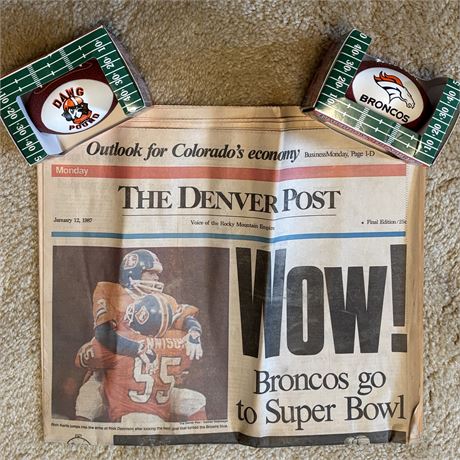Browns and Broncos Ornaments and 1988 Denver Goes to the Superbowl Newspaper