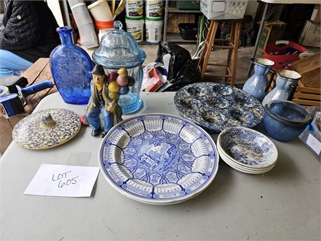 Mixed Blue Glass & Decor Lot:Lidded Candy/Bottle/Collector Plates & More