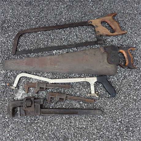 Collection of Old Saws and Pipe Wrenches - Trimo, Millers Falls, Superior, Etc.