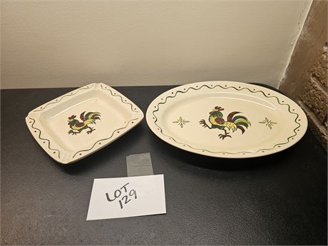 Metlox Poppytrail "Green Rooster" Platter & Square Ashtray