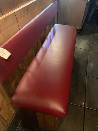 Red Vinyl Restaurant Bench W/Wood Base & Brass Back