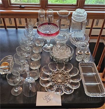 Mixed Clear Glass Lot: Relish Dishes, Wine Glasses, S&P Shakers & More