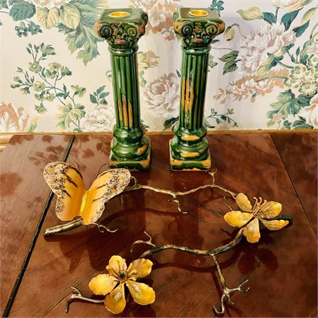 Mid Century Ceramic Candle Holders and Metal Butterfly Wall Decor