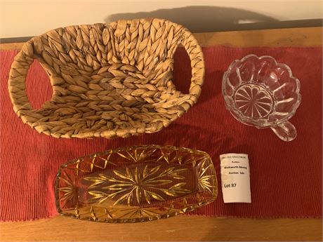 Seagrass Natural Basket Bowl, Hazel Atlas Prescut Gold Pattern Celery Dish