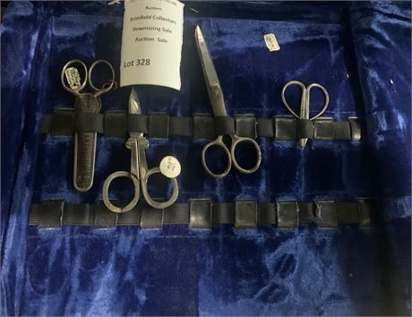 Antique Sewing/Crafting Scissors In Blue Velvet-Lined Case
