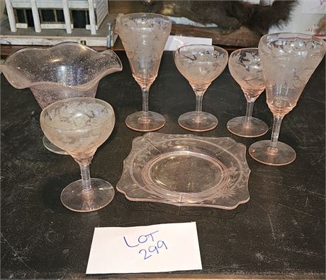 Pink Depression Etched Leaf Wine Glasses / Etched Floral Plate & Pink Compote