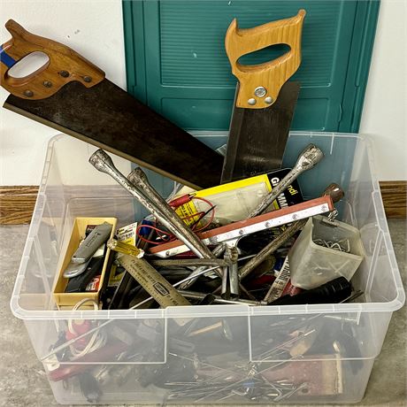 Tote Filled with Mixed Hand Tools and More