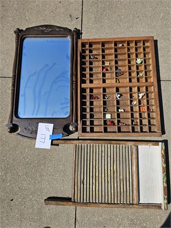 Wood Printers Drawer with Mini Figs / Wall Mirror & Vintage Washboard