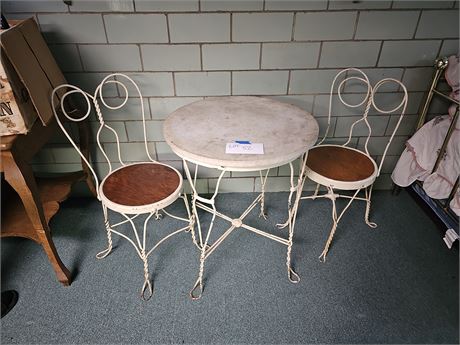 Antique Metal & Marble Top Ice Cream-Soda Table & Chairs Set