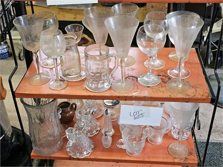 Mixed Clear Glass Lot - Etched Wine Glasses / Vases / Candle Holders & More