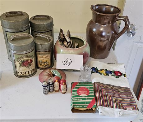 Mixed Kitchen Lot Galvanized Canister Set, Ceramic Apple Cookie Jar, S&P Sets, 1