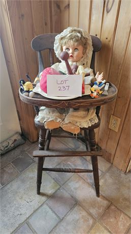 Antique Wood High Chair with Repro Mixed Toys & Antique Rubber Doll