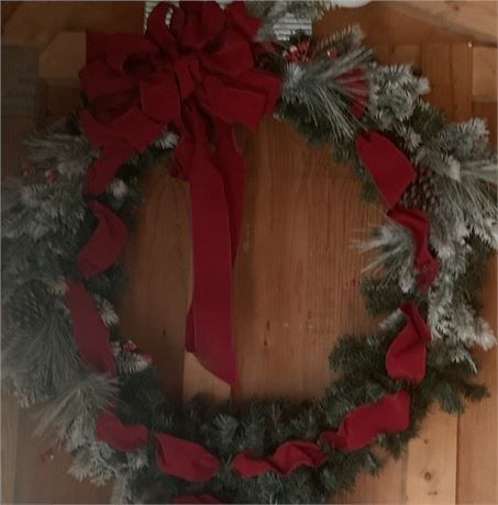 32 Inch Flocked Pine Christmas Wreath With Large Red Felt Bow Pine Cones