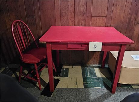 Wood Painted Red Kitchen Table w/ Chair