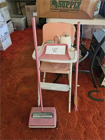Vintage Pink "Little Queen" Childs Working Push Sweeper, Broom & Dustpan & Cosco