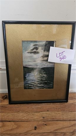 Framed Night Ocean Water Color On Paper Painting