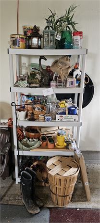 Large Shelf Cleanout- Shelf Included, Outdoor Decor, Pots, Clothes Pins, Candle