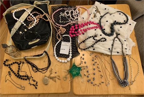 Steve Madden Bag (New), Locket & Faux Pearl Necklaces, Polka Dot Scarves