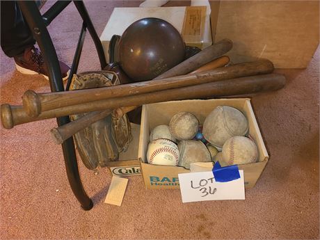 Vintage Sports Lot: McLaughlin Adirondack Bat 4100/Baseballs/Bowling Ball & More