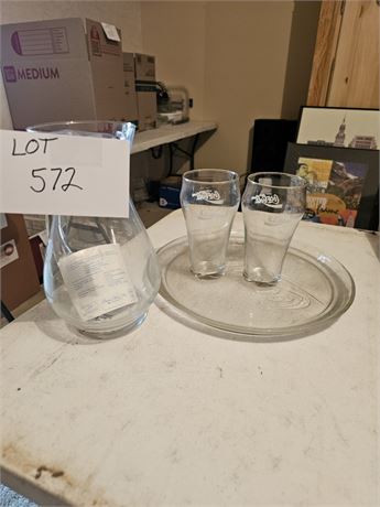 Coca-Cola Tray, Glasses & Etched Tea Pitcher