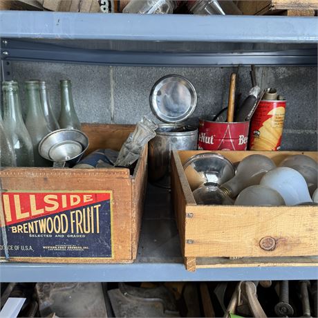 Shelf Contents - Crates w/ Old Bottles, Vintage Industrial Light Bulbs & More