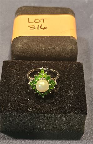 Sterling 925 Green Garnet & Natural Pearl Ring Sz 10