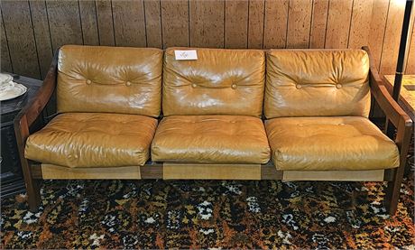 MCM Scandinavian 1960's Cognac Color Tufted Back Leather Couch