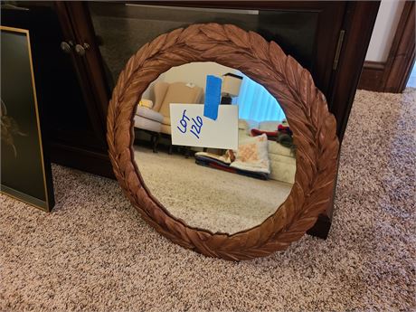 Wood Carved Leaf Round Wall Mirror