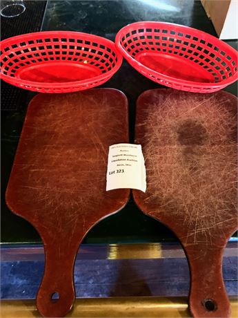 Wooden Bread Serving Paddle Boards & Red Plastic Serving Baskets