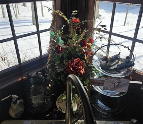 Home Decor Lot Metal 3 Tier Pie Tray , Faux Floral, Candle Holder & More