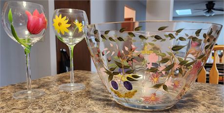 Handpainted Glass Bowl & Wine Glasses