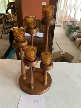 Wood Candle Stick Holder Candelabra Centerpiece Amber Votive Candleholders