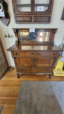 Antique Oak Wood Sideboard With Beveled Mirror